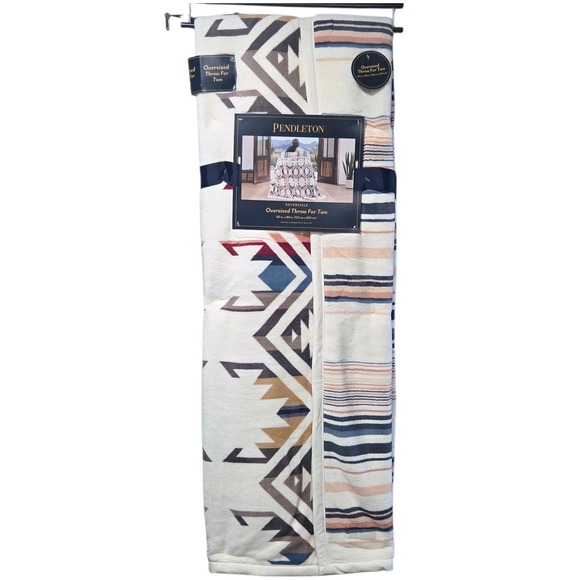 Pendleton Throw Blanket For Two Reversible Oversized  Cream Tribal Pattern 60x80 - Picture 1 of 16